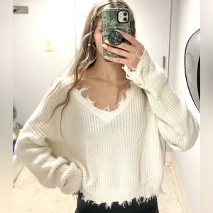 White/cream distressed cropped sweater. size small
